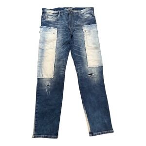 Taker Mens Streetwear Blue Patchwork Distressed Stretch Jeans Straight Leg 40x32